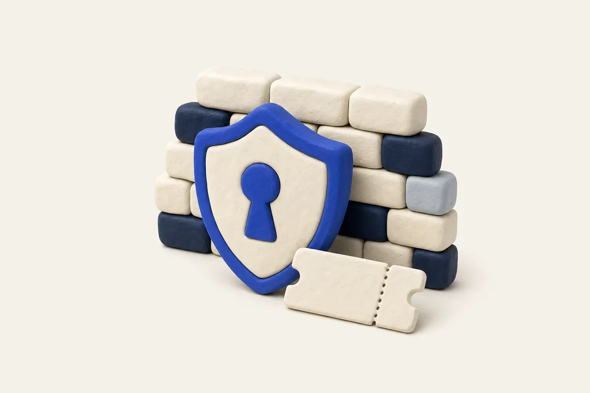 Clay illustration of a shield with a keyhole in front of a firewall