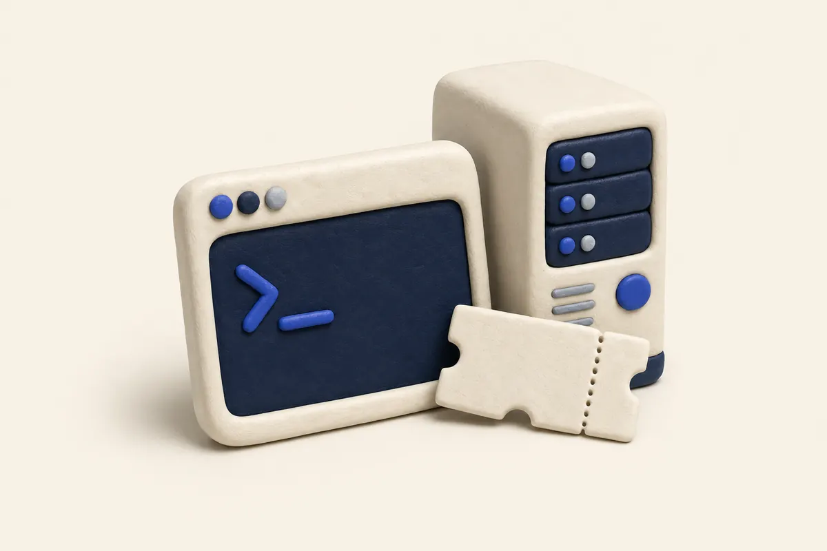 Clay illustration of a terminal window beside a server tower