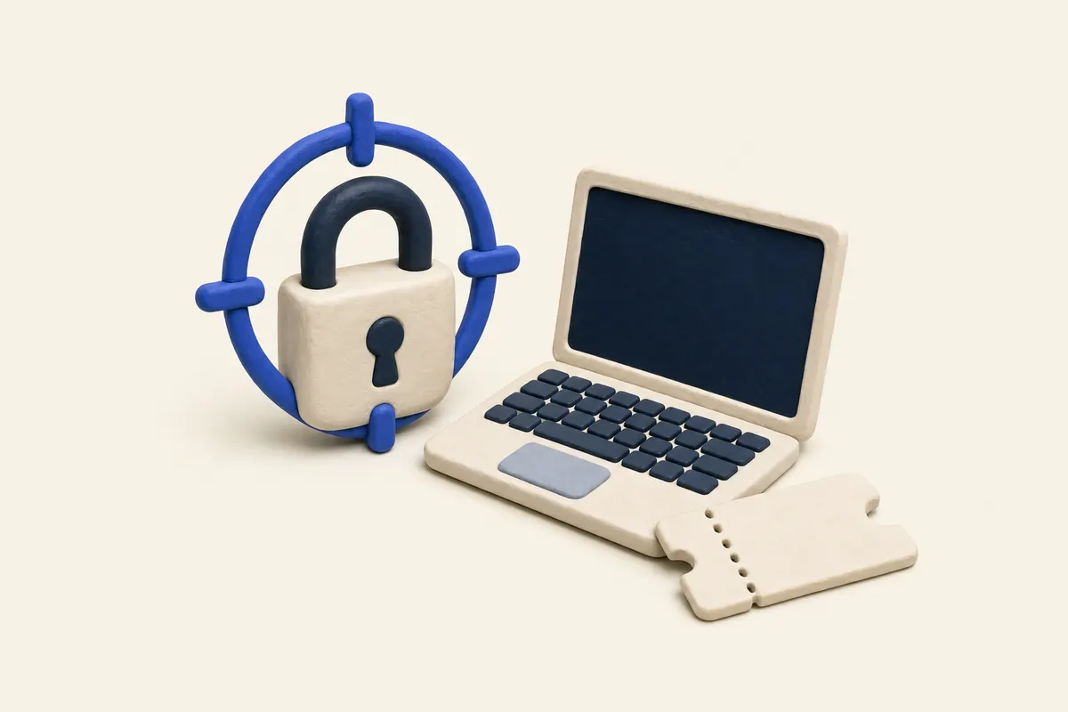 Clay illustration of a target crosshair on a padlock beside a laptop